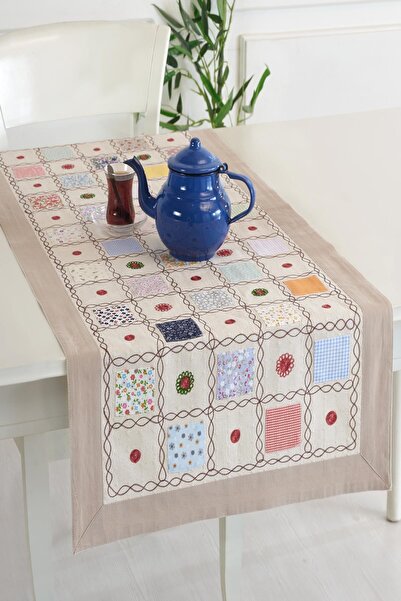 ÖDEL HOME عداء مطرز بلون القهوة الحليبية مقاس 50 × 130 سم