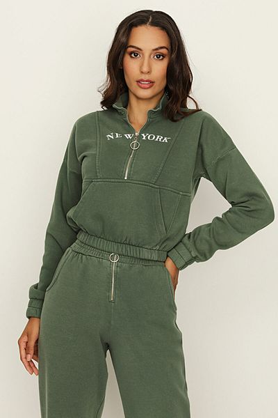 Select Moda Hanorac crop verde cu jumătate de fermoar pentru femei, cu talie elastică