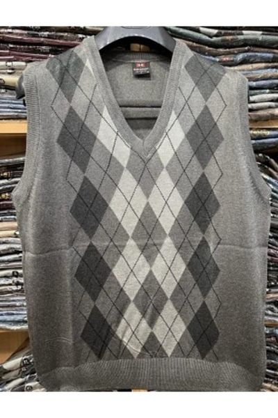 nacar çarşı Men's Smoked Check Patterned V-Neck Fine Knitwear Sweater