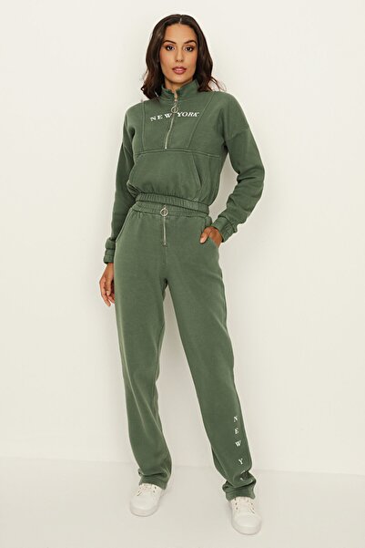 Select Moda Pantaloni de sport verzi pentru femei cu fermoar