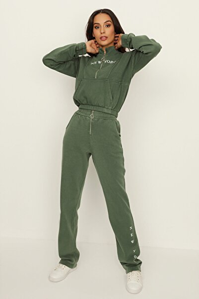 Select Moda Pantaloni de sport verzi pentru femei cu fermoar