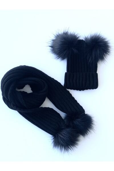 enjoy bebe Kız Çocuk Siyah Ponponlu Atkı Bere Set