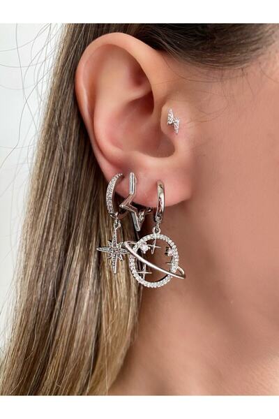 Okkostore Kadın Silver Rengi Gezegen Charm Detaylı 3’lü Küpe Seti