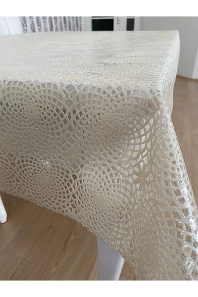 Aksu Mefruşat Transparent Coated Lace Look PVC Oilcloth Tablecloth White