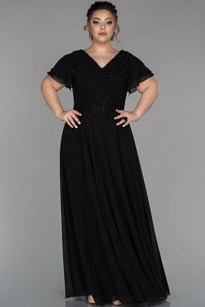 Abiyefon Plus Size Chiffon V-Neck Stone Embroidered Long Evening Dress - Abu1562