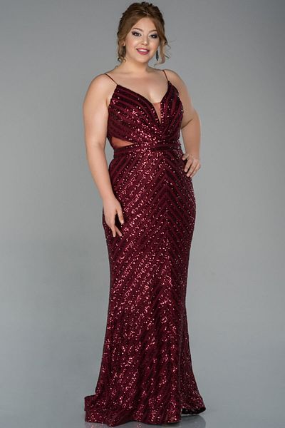 Abiyefon Long Burgundy Sequined Rope Strap Plus Size Evening Dress Abu1661