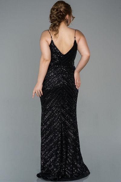 Abiyefon Long Black Sequined Rope Strap Plus Size Evening Dress Abu1661