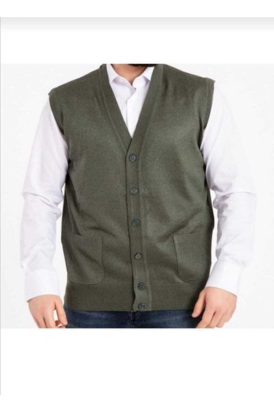 HMZ GİYİM Men's Thin Wool Knitted Khaki Knitwear Vest