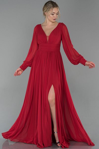 Abiyefon Red Long Sleeve Leg Low-cut Chiffon Evening Dress Abu1702
