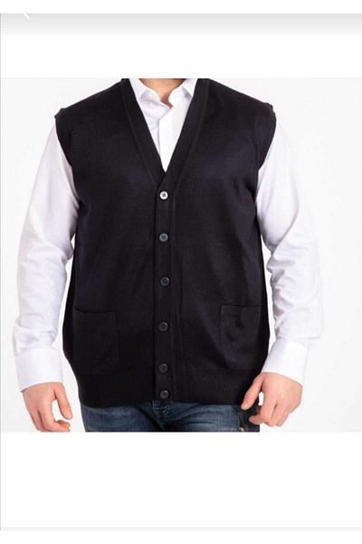 HMZ GİYİM Men's Fine Wool Knit Navy Blue Knitwear Vest