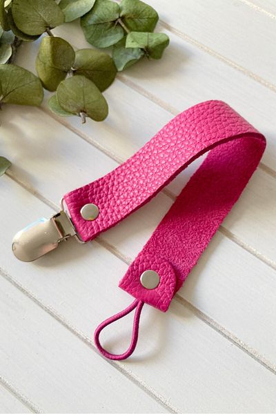 Li Puna Fuchsia Leather Pacifier Strap - Pacifier Chain with Protected Metal Clip Lpemzk23