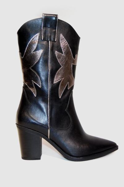 TUNAELLİ Siyah Hakiki Doğal Deri Kadın Western Kısa Çizme