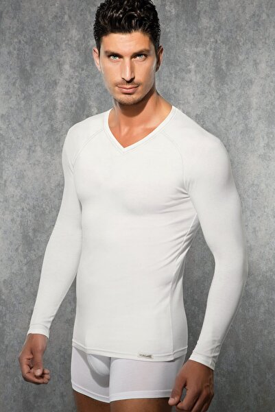 Doreanse Ανδρικό μακρυμάνικο μπλουζάκι εκρού με λαιμόκοψη V