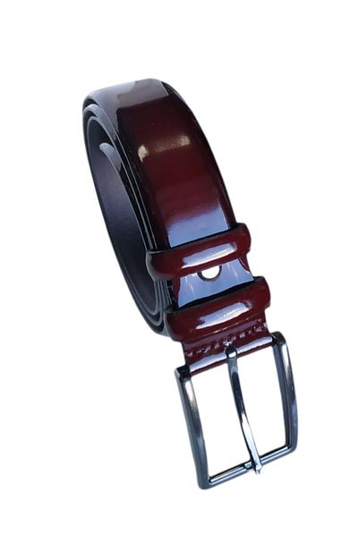 Kar-Pa Double Layer Genuine Leather Claret Red Plain Patent Leather Belt