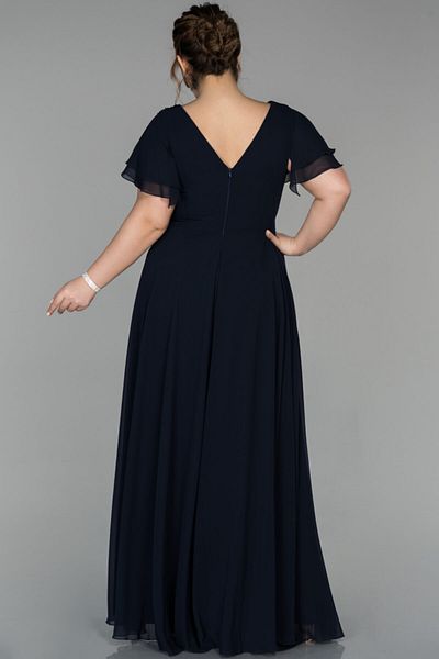 Abiyefon Navy Blue V-Neck Chiffon Evening Dress - Long Jewel Embroidered, Short Sleeve, Plus Size Abu1562