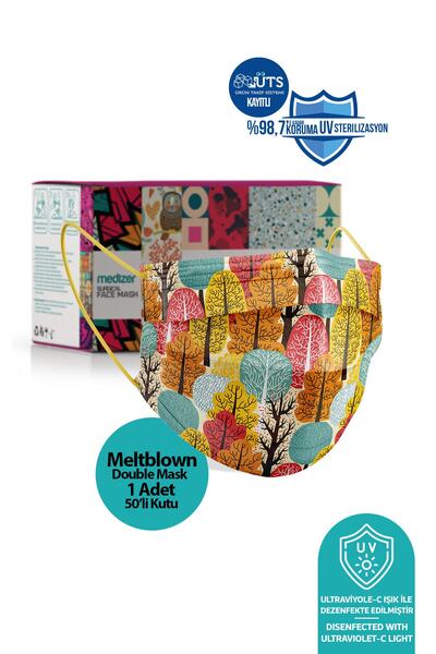 Medizer Meltblown Renkli Ağaç Desenli Cerrahi Maske 50 Adet - Telli