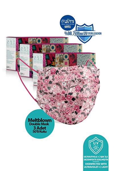 Medizer Meltblown Pembe Çiçek Desenli Cerrahi Maske 150 Adet - Telli