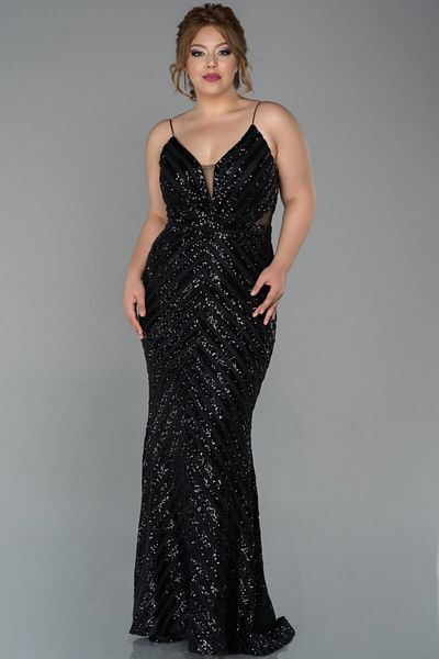Abiyefon Long Black Sequined Rope Strap Plus Size Evening Dress Abu1661