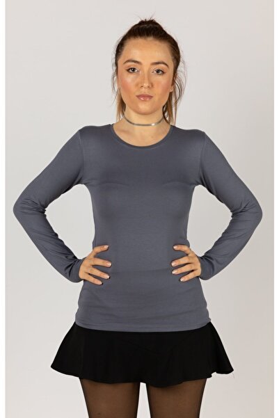 DHN جسم نسائي من القطن الممشط بياقة دائرية وأكمام طويلة