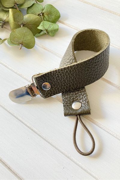 Li Puna Khaki Leather Pacifier Strap - Pacifier Chain with Protected Metal Clip Lpemzk26