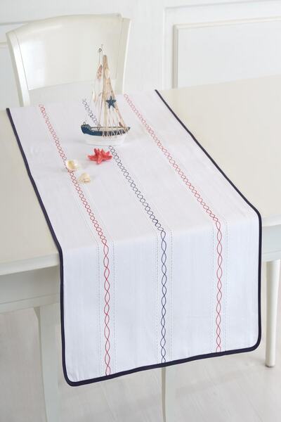 ÖDEL HOME عداء أبيض مخرم مطرز باللون الأزرق الداكن مقاس 50 × 130 سم