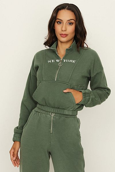 Select Moda Hanorac crop verde cu jumătate de fermoar pentru femei, cu talie elastică