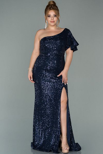 Abiyefon Navy Blue One Shoulder Sequin Long Plus Size Evening Dress Abu1893