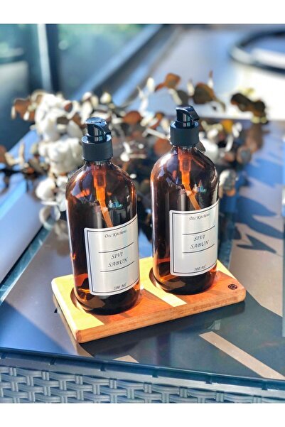 DEKORKMAZ 2 Bölmeli Stand Altlık - 2 Adet Amber Şişesi Sabunluk Seti