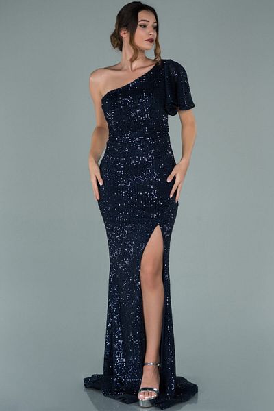 Abiyefon Navy Blue One Shoulder Leg Low-cut Sequin Long Evening Dress Abu1891
