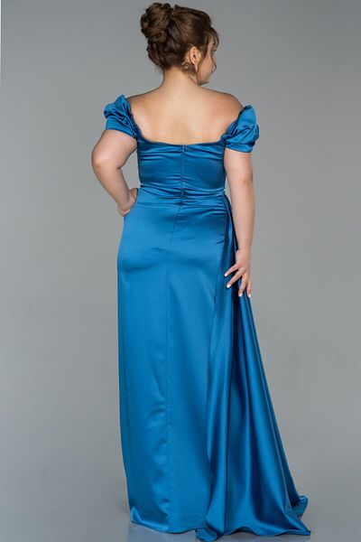 Abiyefon Plus Size Long Indigo Satin Evening Dress - Boat Neck and Leg Low Cut, Abu1626