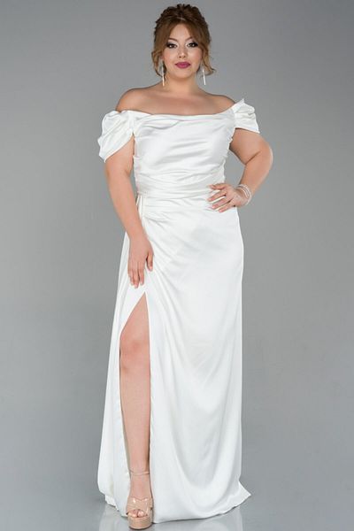 Abiyefon Long Ecru Boat Neck Leg Low-cut Satin Plus Size Evening Dress Abu1626