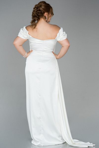 Abiyefon Long Ecru Boat Neck Leg Low-cut Satin Plus Size Evening Dress Abu1626