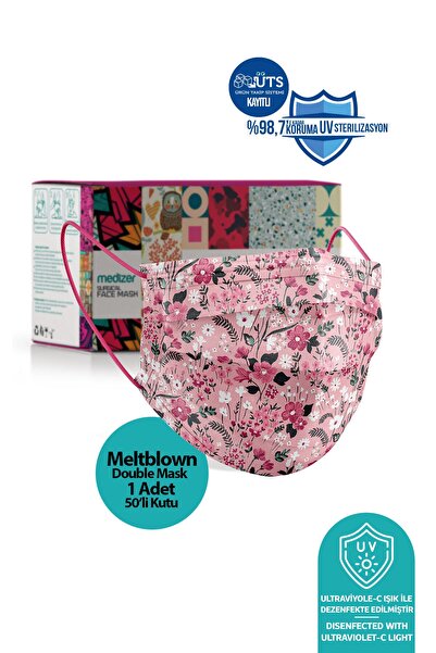 Medizer Meltblown Pembe Çiçek Desenli Cerrahi Maske 50 Adet - Telli