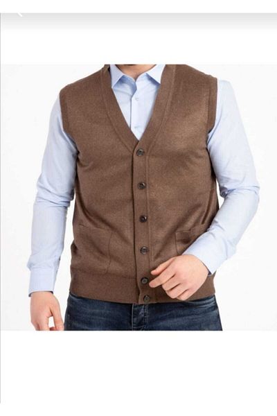 HMZ GİYİM Men's Fine Wool Knit Brown Knitwear Vest