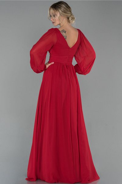 Abiyefon Red Long Sleeve Leg Low-cut Chiffon Evening Dress Abu1702