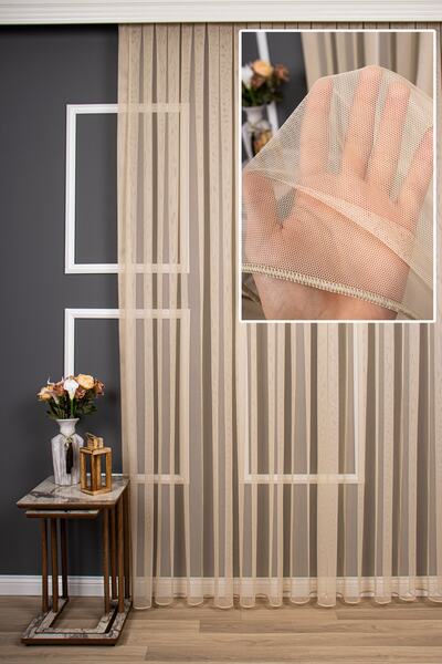 perdealemi Grek Bej Renk Düz Tül Perde, 150x260, Normal Pile, 1/2.5