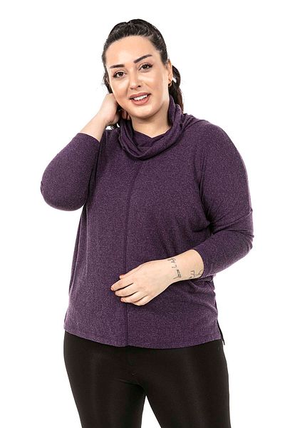 DISENTIS MODEST Plus Size Degaje Collar Slit Detailed Wool Viscose Plum Blouse