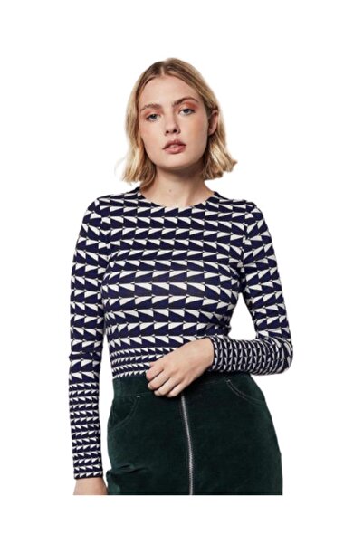 ZY BUTİK Navy Blue White Geometric Patterned Bodysuit