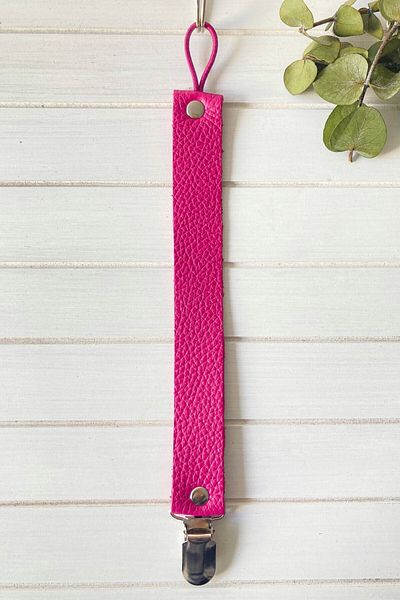 Li Puna Fuchsia Leather Pacifier Strap - Pacifier Chain with Protected Metal Clip Lpemzk23