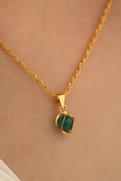 MİLET KUYUMCULUK 14 Ayar Altın Yeşil Akik Halat Zincir Kolye