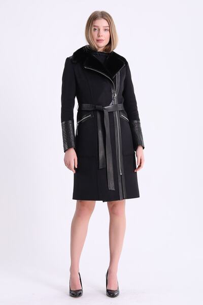 Leather Club Siyah Vizon Aksesuarlı Deri Garnili Kaşmir Kaban