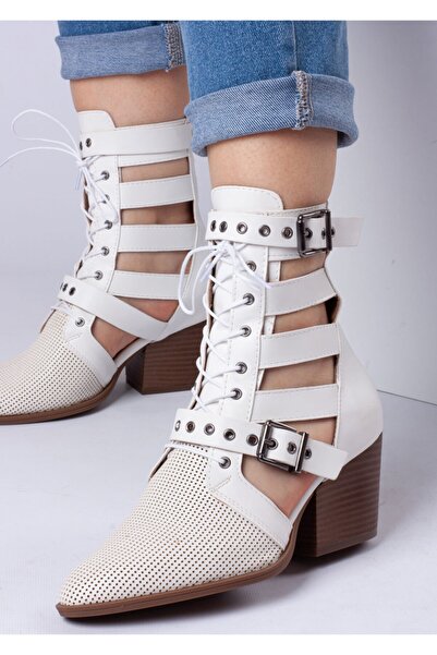 Bej Ayakkabı Women's Back Zippered Double Buckle Adjustable and Tied Summer Boots White
