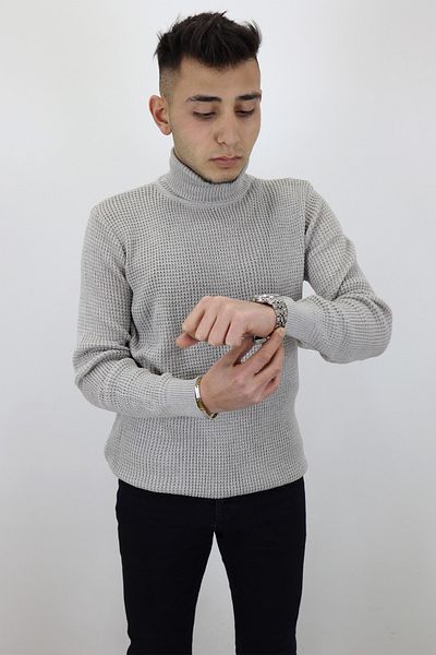 HACKER DENIM Fistan Store Pulover pentru bărbați, gri, cu gât întreg, cu gâtul rotund, tricotaj sport slim
