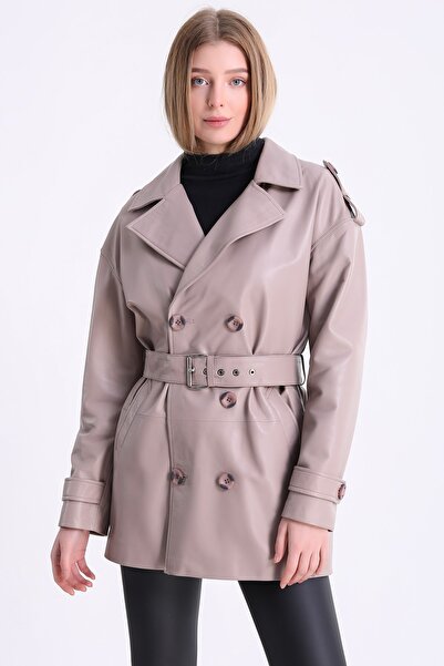 Leather Club Krem Kemer Aksesuarlı Uzun Palto