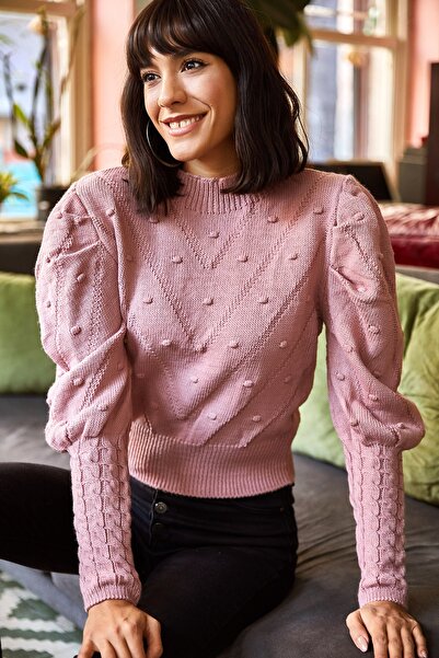 Olalook Γυναικείο πουλόβερ με λεπτές λεπτομέρειες πλεκτό πάνω από τη μέση KZK-19000253, μικροσκοπικό μανίκι ροζ Dusty Rose