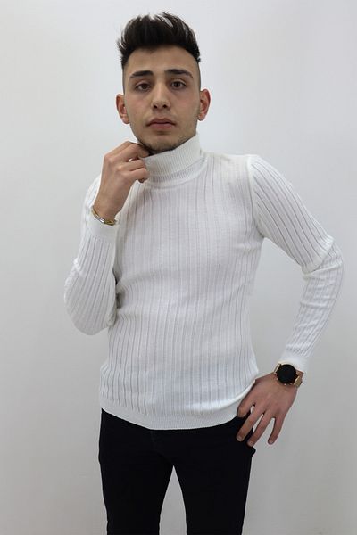 HACKER DENIM Fistan Store Pulover alb pentru bărbați, cu gât întreg, tricotaj sport slim
