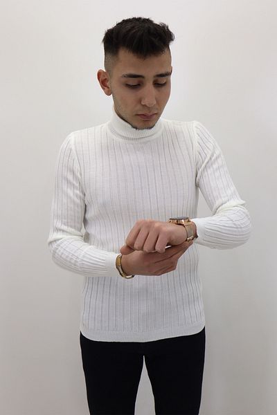 HACKER DENIM Fistan Store Pulover alb pentru bărbați, cu gât întreg, tricotaj sport slim