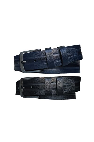 Kar-Pa 100% Genuine Leather Set of 2 Patterned Jeans Belt 4.5cm: Black-Navy Blue