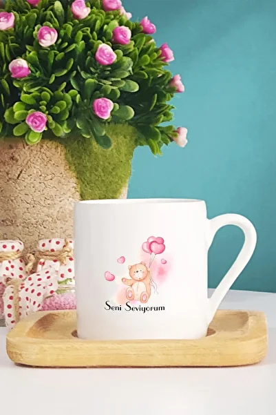 Hedizu كوب قهوة تركي I Love You Teddy Bear بقاعدة خشبية