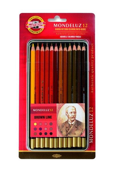 Koh-i Noor Mondeluz Aquarell Crayons 12 Colors BROWN SHADES Metal Box
